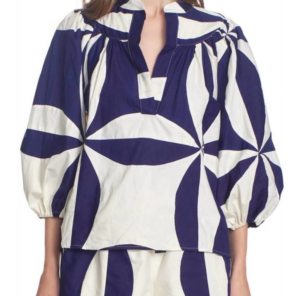 Corey Lynn Calter Blue and Cream Corinne Blouse